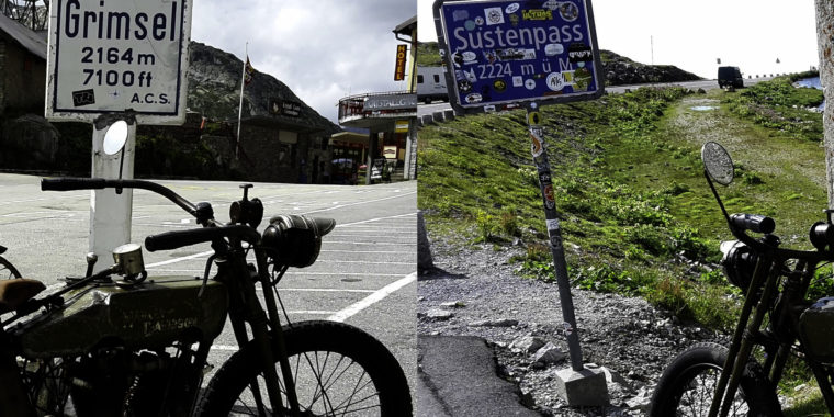 Olivbraune 1917 Harley-Davidson 17-F auf Grimselpass und Sustenpass Anhöhe